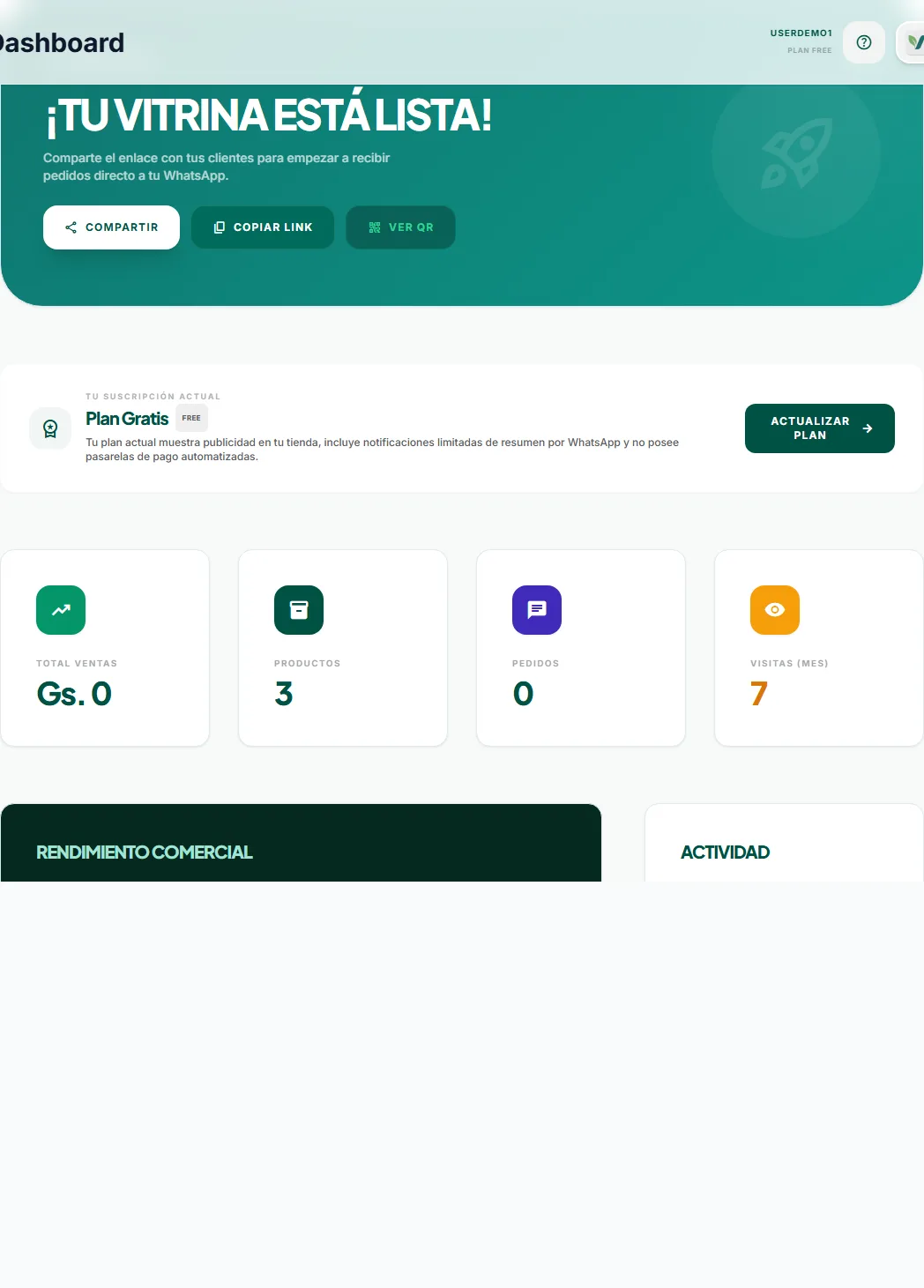 Dashboard con botones Compartir, Copiar link y Ver QR