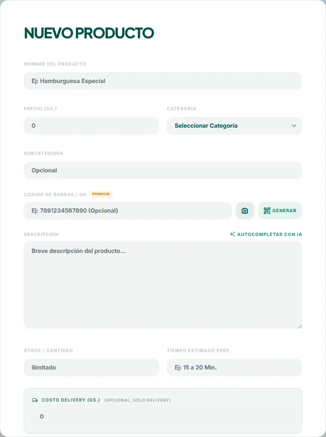 Formulario para crear un producto