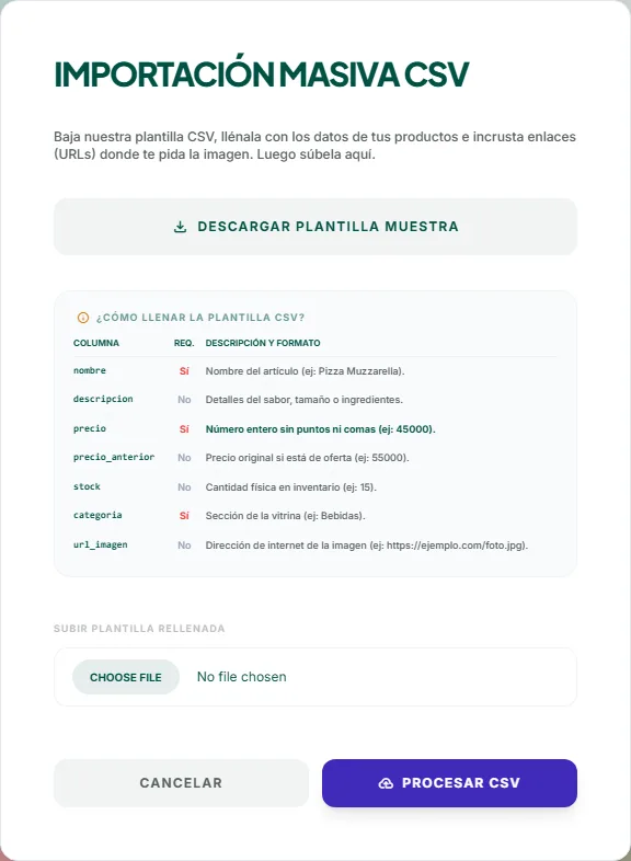 Ventana para importar productos por CSV