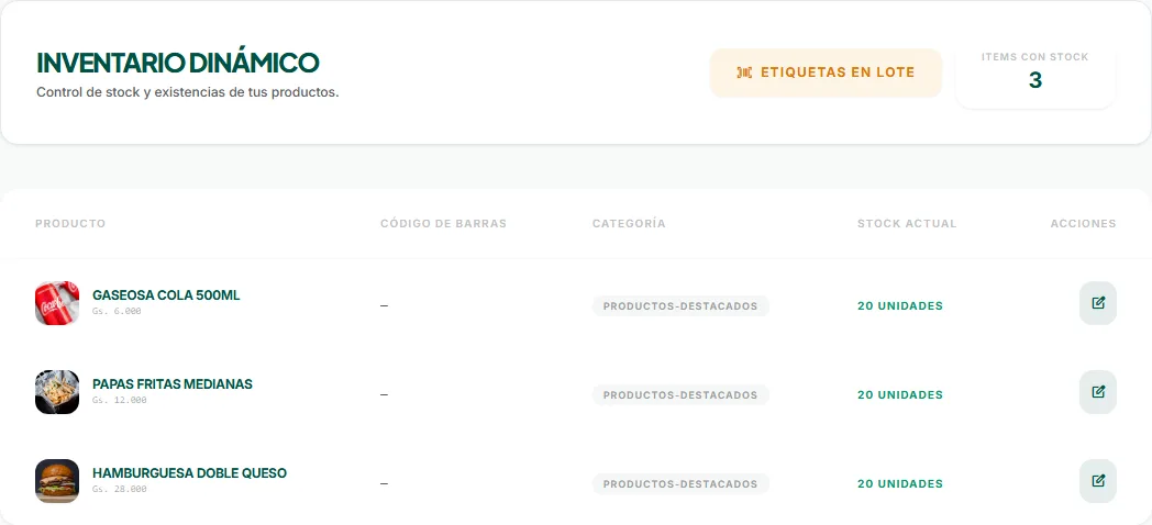 Tabla de inventario y stock