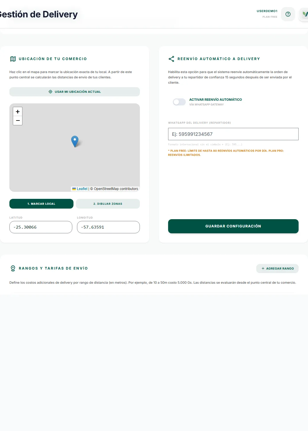 Configuración de delivery, mapa y tarifas