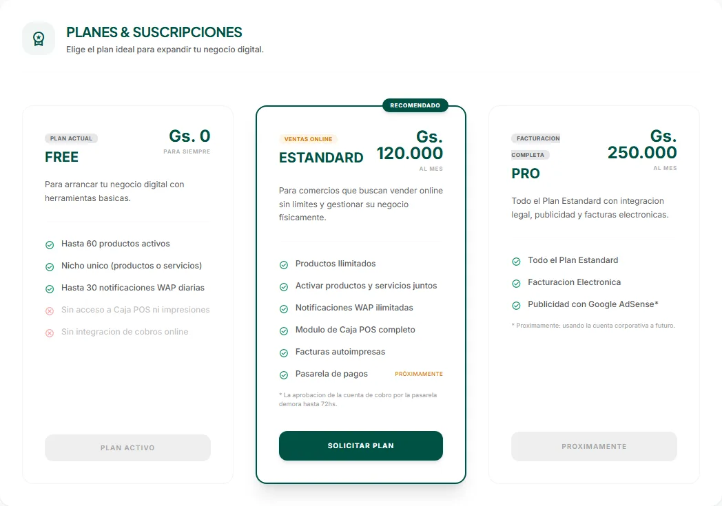 Planes disponibles y solicitud de upgrade