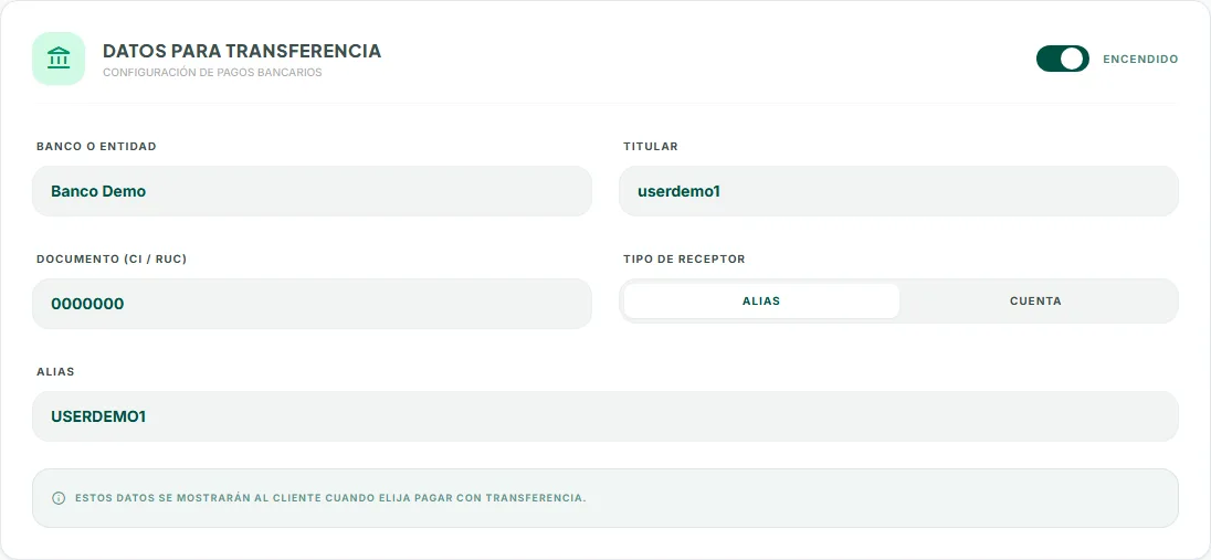 Datos bancarios para transferencia